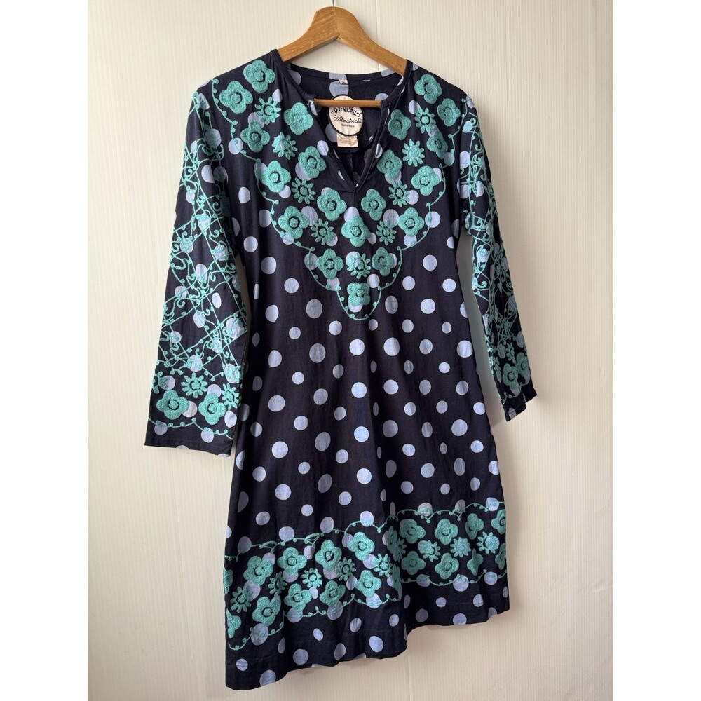 Almatrichi Madrid Spain Sz 36 Tunic Dress Navy Blue Polka Dot Floral Embroidered - Picture 12 of 12